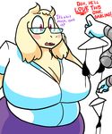  big_breasts blush breasts caprine cleavage clothed clothing english_text eyewear female glasses goat horn huge_breasts machine mammal mettaton pink_eyes robot text toriel undertale unknown_artist video_games 