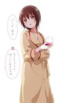 bathrobe black_hair blush brown_eyes collarbone cup cupping_glass drinking_glass funami_yui holding holding_cup long_sleeves namori nightgown open_mouth short_hair simple_background solo standing translated white_background wine_glass yuru_yuri 