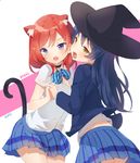  animal_ears blazer blue_hair blush bow cat_ears fang hat hitsukuya interlocked_fingers jacket kemonomimi_mode long_hair looking_at_viewer love_live! love_live!_school_idol_project multiple_girls nishikino_maki open_mouth otonokizaka_school_uniform purple_eyes red_hair school_uniform skirt sonoda_umi tail tongue tongue_out witch_hat yellow_eyes 