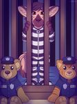  anthro brown_hair clothed clothing crib cub hair hyena mammal pajamas plushie police_uniform prisoner solo spotted_hyena standing strawberryneko uniform young 