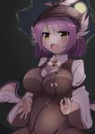  absurdres animal_ears bird_wings blush breasts brooch d: dress dress_shirt fang hands head_wings highres impossible_clothes jewelry large_breasts moon mystia_lorelei open_mouth purple_hair shirt solo takashi_(nekoro) touhou winged_hat wings yellow_eyes 