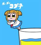  :3 bkub blue_background brown_hair commentary crossed_arms cup drinking_glass poptepipic popuko school_uniform serafuku sidelocks simple_background solo translated two_side_up yellow_eyes 
