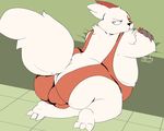  balls big_butt bulge butt clothed clothing fluffy_tail kneeling looking_at_viewer looking_back male nintendo obese overweight pok&eacute;mon scowl shamelesss skimpy solo swimsuit tight_clothing video_games zangoose 