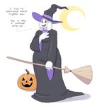  anthro blush broom caprine clothed clothing costume dialogue female fur goat halloween hat holidays jack_o&#039;_lantern magic_user mammal moon open_mouth pumpkin simple_background solo teeth text tongue toriel undertale video_games white_background white_fur witch witch_hat yellowhellion 