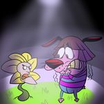  2015 bald canine cartoon clothing courage courage_the_cowardly_dog digital_media_(artwork) dog duo eustace_bagge eyewear flora_fauna flower flowey_the_flower fur glasses grass hair male mammal open_mouth petals pink_fur plant protagonist_(undertale) ps2gator scared simple_background teeth undertale video_games 