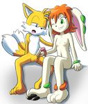  2015 anthro blue_eyes bracelet canine cream_fur dog duo female fox freedom_planet fur goshaag green_eyes hair handjob jewelry male male/female mammal miles_prower milla_basset navel nipples orange_hair penis simple_background sonic_(series) video_games white_background yellow_fur 