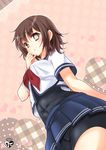  bike_shorts brown_hair chize furutaka_(kantai_collection) glowing glowing_eye kantai_collection remodel_(kantai_collection) school_uniform serafuku short_hair skirt solo yellow_eyes 