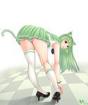  animal_ears asymmetrical_legwear bangs bent_over black_footwear blunt_bangs brown_eyes cat_ears cat_tail checkered checkered_floor eyebrows eyebrows_visible_through_hair full_body green_hair green_skirt high_heels highres kneehighs kneepits lipstick long_hair makeup mayoru miniskirt moegirlpedia-tan os-tan panties pantyshot pleated_skirt school_uniform serafuku shirt shoes single_kneehigh single_thighhigh skirt sleeveless sleeveless_shirt smile solo striped striped_panties tail thighhighs underwear white_legwear white_shirt wrist_cuffs 