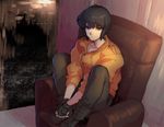  bad_id bad_pixiv_id black_hair blue_eyes chair cityscape fingerless_gloves frown full_body ghost_in_the_shell gloves hands_together indoors jacket katsuoboshi kusanagi_motoko legs_up looking_at_viewer pants shoes short_hair sitting solo window 
