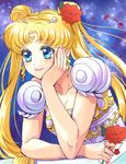  beads bishoujo_senshi_sailor_moon blonde_hair blue_eyes breasts chin_rest cleavage collarbone crescent double_bun dress earrings facial_mark flower forehead_mark hair_beads hair_flower hair_ornament holding holding_flower jewelry leaning_forward long_hair medium_breasts princess_serenity rose solo tomomiya tsukino_usagi twintails white_dress 