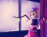  blonde_hair bow doll_hug flandre_scarlet hat hat_bow icicle meng_xiao_jiong mob_cap puffy_short_sleeves puffy_sleeves red_eyes shirt short_sleeves side_ponytail skirt skirt_set snowing solo stuffed_animal stuffed_toy teddy_bear touhou vest window wings 