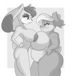  2015 anthro areola battle_of_the_breasts big_breasts breast_squish breasts chubby crossover duo erect_nipples eye_contact female grin huge_breasts joelasko lagomorph loony_tunes mammal mature_female nipples nude obese overweight patricia_bunny rabbit smile smirk sonic_(series) vanilla_the_rabbit 