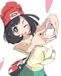  ;d bag beanie black_hair blue_eyes eyebrows_visible_through_hair hat heart heart_hands ixy looking_at_viewer midriff mizuki_(pokemon) one_eye_closed open_mouth pokemon pokemon_(game) pokemon_sm red_hat short_hair simple_background smile solo white_background 