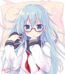  bespectacled blue_eyes dated glasses hibiki_(kantai_collection) kantai_collection long_hair lying open_mouth school_uniform serafuku silver_hair solo tsukiji 