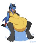  belly big_belly breasts female lucario nintendo panting pok&eacute;mon shyguy9 simple_background sitting soft_vore solo tongue tongue_out video_games vore 