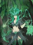  absurdres bone breasts chain cleavage gauntlets genderswap genderswap_(mtf) glowing green green_eyes green_hair green_legwear headpiece highres hook lantern large_breasts league_of_legends midriff navel open_mouth personification sakimeikun-daze scar sickle solo thresh torn_clothes 