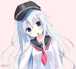  blue_eyes dated food hat hibiki_(kantai_collection) kantai_collection long_hair pocky school_uniform serafuku silver_hair solo tsukiji 