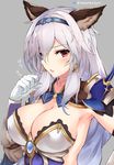  animal_ears arm_guards armor armpits artist_name blush bow bowtie breasts brown_eyes cleavage erune eyes_visible_through_hair gem gloves granblue_fantasy grey_background hair_between_eyes hair_tubes hair_twirling hairband heles highres jewelry kurifuto large_breasts long_hair looking_at_viewer parted_lips sapphire_(stone) shoulder_pads silver_hair simple_background solo twitter_username upper_body very_long_hair white_gloves 