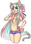  2015 bulge cat clothed clothing digital_media_(artwork) feline girly green_hair hair half-dressed hideaki male mammal multicolored_hair navel pink_hair red_eyes shorts simple_background solo standing three-quarter_portrait topless two_tone_hair white_background xenthyl 