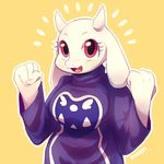  2015 anthro caprine cute female fur goat horn looking_at_viewer mammal marenlicious monster red_eyes simple_background solo toriel undertale video_games white_fur yellow_background 