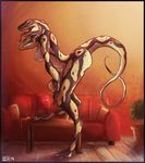  anthro bent_over breasts digital_media_(artwork) eye_contact female grin hand_behind_head hand_on_knee happy inside leaning_on_knee living_room lolzguy looking_at_viewer nipples nude pinup pose presenting raised_arm reptile scalie side_boob smile snake sofa solo standing step_pose table tongue tongue_out 