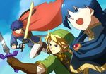  bad_id bad_pixiv_id blonde_hair blue_eyes blue_hair cape earrings fire_emblem fire_emblem:_monshou_no_nazo fire_emblem:_souen_no_kiseki gloves hat headband holding holding_sword holding_weapon ike jewelry left-handed link male_focus marth master_sword multiple_boys o-yuki pointy_ears smile super_smash_bros. sword the_legend_of_zelda weapon 