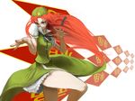  bad_id bad_pixiv_id beret bow braid china_dress chinese_clothes dress fighting_stance hair_bow hat hong_meiling long_hair red_hair smile solo touhou yama 