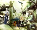  animal_ears blouse boots brown_hair dress eating egg food forest green_eyes greenhouse grey_eyes indoors multiple_girls nanaroku_(fortress76) nature original overgrown pointy_ears ruins 