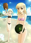  bad_id bad_pixiv_id barefoot beach bikini blonde_hair breasts brown_eyes checkered circlet closed_eyes day feet flat_chest food fruit highres holding holding_food holding_fruit long_hair mallet mist_(rune_factory) multiple_girls musical_note okitsune_(okitsune-sama) rosetta rune_factory rune_factory_frontier short_hair smile sun swimsuit watermelon 