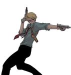  america_(hetalia) axis_powers_hetalia bad_id bad_pixiv_id blonde_hair dual_wielding glasses gun handgun holding holster male_focus mogiko necktie pistol shoulder_holster solo weapon 