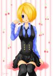  :p absurdres bad_id bad_pixiv_id blonde_hair blue_eyes cherry food fruit genderswap hair_over_one_eye highres kaito_ak necktie one_piece sanji shirt short_hair sitting skirt solo thighhighs tongue tongue_out zettai_ryouiki 