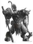  armor axe braid greyscale highres horns monochrome no_humans samwise shield tauren warcraft weapon 