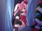  animal_ears boots bow breasts bunny_ears christmas christmas_tree cleavage curtains finger_to_mouth gloves hat knee_boots medium_breasts onka original panties pantyshot red_eyes red_hair sakura_(usashiro_mani) santa_costume santa_hat snow solo striped striped_panties thighhighs underwear usashiro_mani window 