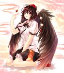  bad_id bad_pixiv_id black_hair black_wings hat looking_up open_mouth red_eyes shameimaru_aya short_hair smile solo touhou wings yuuna_minato 