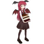  &gt;_&lt; bad_id bad_pixiv_id book closed_eyes full_body head_wings highres holding holding_book koakuma komachi_fumi_(force333) long_hair red_hair solo thighhighs touhou transparent_background wings 