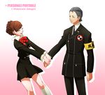  1girl armband bow brown_hair closed_eyes couple female_protagonist_(persona_3) hair_slicked_back happy headphones hetero highres maruo_(artist) odagiri_hidetoshi persona persona_3 persona_3_portable school_uniform short_hair skirt smile socks 