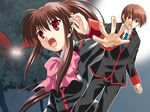  1girl bird bow brother_and_sister brown_hair headset little_busters! long_hair microphone mutsuki_masato natsume_kyousuke natsume_rin pink_bow ponytail red_eyes school_uniform siblings silhouette 