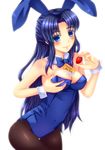  animal_ears asakura_ryouko bad_id bad_pixiv_id blue_eyes blue_hair breasts bunny_ears bunnysuit cleavage cream food fruit happy_birthday holding holding_food holding_fruit long_hair medium_breasts pantyhose saotome_mirai solo strawberry suzumiya_haruhi_no_yuuutsu 