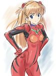  armpits bad_id bad_pixiv_id bangs blue_eyes blush bodysuit breasts closed_mouth contrapposto cowboy_shot from_side gloves hands_on_hips headgear hips legs_apart light_brown_hair light_smile long_hair looking_at_viewer neon_genesis_evangelion pilot_suit plugsuit red_bodysuit satogo sketch skin_tight skinny small_breasts smile solo souryuu_asuka_langley standing two_side_up 