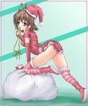  antenna_hair back brown_eyes brown_hair christmas clannad furukawa_nagisa hat ribbon sack santa_costume santa_hat short_hair solo striped striped_legwear thighhighs yo-jin 