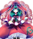  blush bow collar dress frills front_ponytail gathers gradient_hair green_eyes green_hair hair_ribbon kagiyama_hina light_particles momonako multicolored_hair outstretched_arms ribbon solo spread_arms stitches touhou 