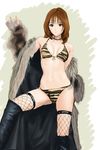  animal_print bad_id bad_pixiv_id bikini boots brown_eyes brown_hair coat copyright_request fishnet_legwear fishnets long_hair solo swimsuit thighhighs tiger_print yamao 