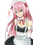  alternate_costume apron aqua_eyes arms_behind_back bad_id bad_pixiv_id breasts cleavage enmaided hairband heart large_breasts long_hair maid megurine_luka pink_hair simple_background smile solo vocaloid wadaka 
