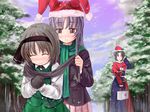  animal_ears aw bad_id bad_pixiv_id blazer blush braid bunny_ears hairband hat jacket konpaku_youmu long_hair multiple_girls purple_hair red_eyes reisen_udongein_inaba scarf short_hair silver_hair touhou yagokoro_eirin 