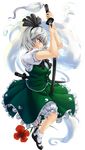  absurdres between_legs bloomers blue_eyes flower full_body ghost hair_ribbon highres hiropon_pj katana konpaku_youmu konpaku_youmu_(ghost) ribbon sheath short_hair silver_hair solo sword touhou transparent_background underwear unsheathing weapon 