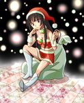  akiyama_mio black_eyes black_hair boots christmas chunpai hat k-on! long_hair midriff sack santa_costume santa_hat snow solo sparkle 