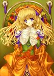  autumn blonde_hair dress highres leaf long_hair okonogi_noi original purple_eyes solo 