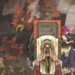  9ji alternate_weapon chair embellished_costume expressionless fine_art_parody frills green_hair hat hell highres monster multiple_girls nihonga onozuka_komachi parody rod_of_remorse scythe shiki_eiki sitting touhou weapon 