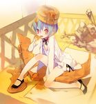  bad_id bad_pixiv_id biscuit bisuke-tan blue_hair food food_as_clothes kfc komagarita legs lingerie negligee object_on_head panties red_eyes short_hair sitting solo striped striped_panties syrup underwear 