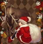  christmas face highres long_hair original pantyhose red_eyes reindeer santa_costume shirabi solo white_hair 